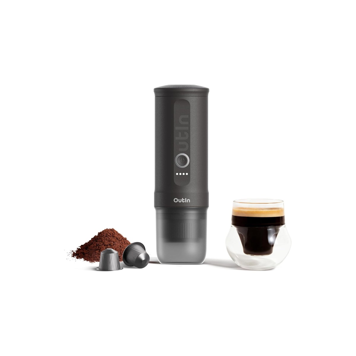 OutIn Nano Portable Electric Espresso Machine, Self-Heating Battery Coffee Maker, USB-C Rechargeable, Ground Coffee and Capsule (ASIN B0BRKFWPF3)