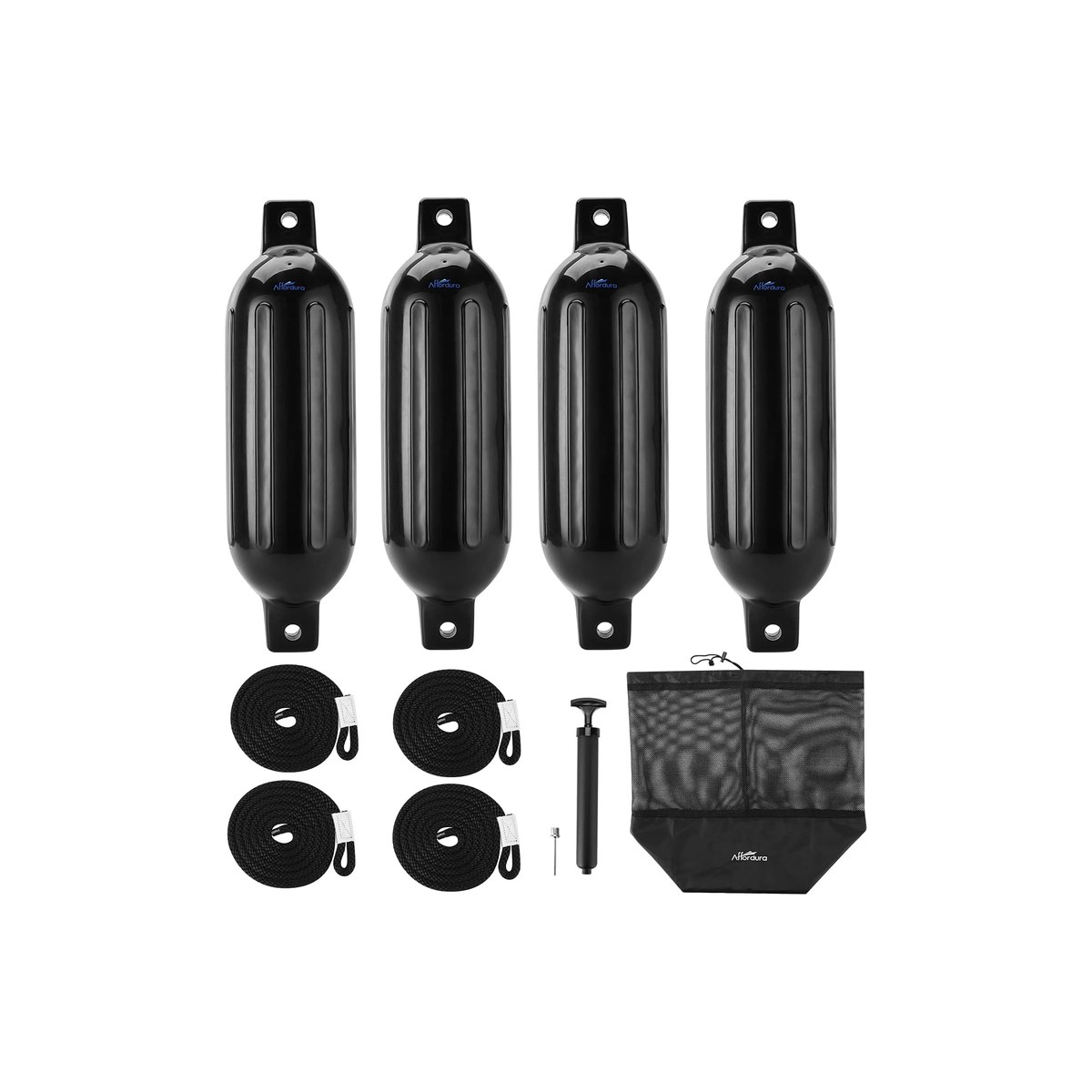 Affordura Boat Fender 4-Pack with 4 ropes (four inflatable PVC vinyl cylindrical fenders, 6.5 in diameter, ribbed twin-eye, lines included, Amazon's Choice, ASIN B08PVGQPY5)