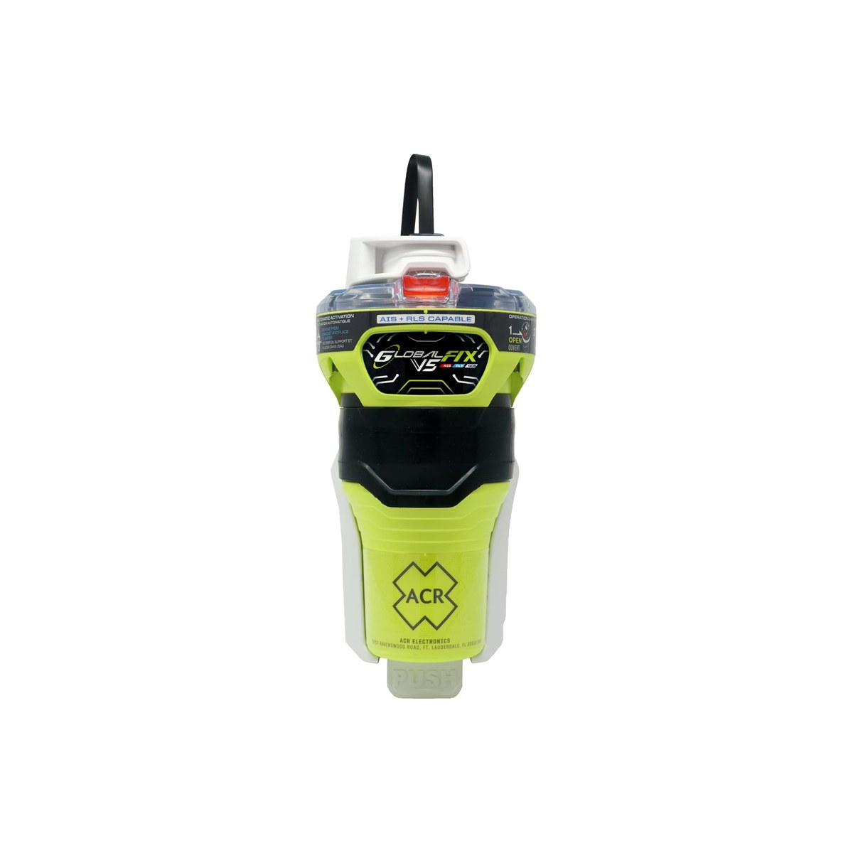 ACR GlobalFix V5 AIS EPIRB (RLB-44, 406 MHz Cospas-Sarsat with built-in AIS transmitter and Return Link Service, multi-constellation GNSS, 10-year user-replaceable battery, white and infrared strobe, NFC app, available in Category 1 float-free or Category 2 manual, ASIN B0C5P85X1K)