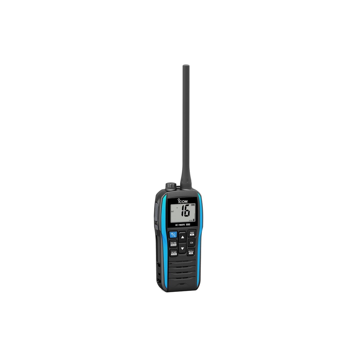Icom M25EVO (floating handheld marine VHF, 5W, USB-C charging, Float'n Flash so it floats and flashes when submerged, Eco Mode for about 14 hours of battery, IPX7 waterproof to 1 m for 30 minutes, 228 g, no GPS, no DSC, ASIN B0FKN2WY4G)