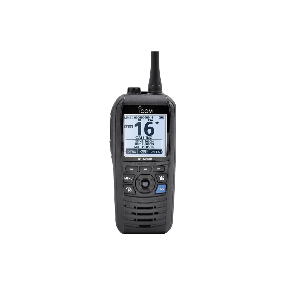 Icom M94D (floating handheld marine VHF with a built-in AIS receiver, GPS, Class H DSC, 6W, Float'n Flash, AquaQuake water-draining speaker, NMEA 0183 GPS output, IPX7 waterproof to 1 m for 30 minutes, 357 g, ASIN B095L6VKJM)