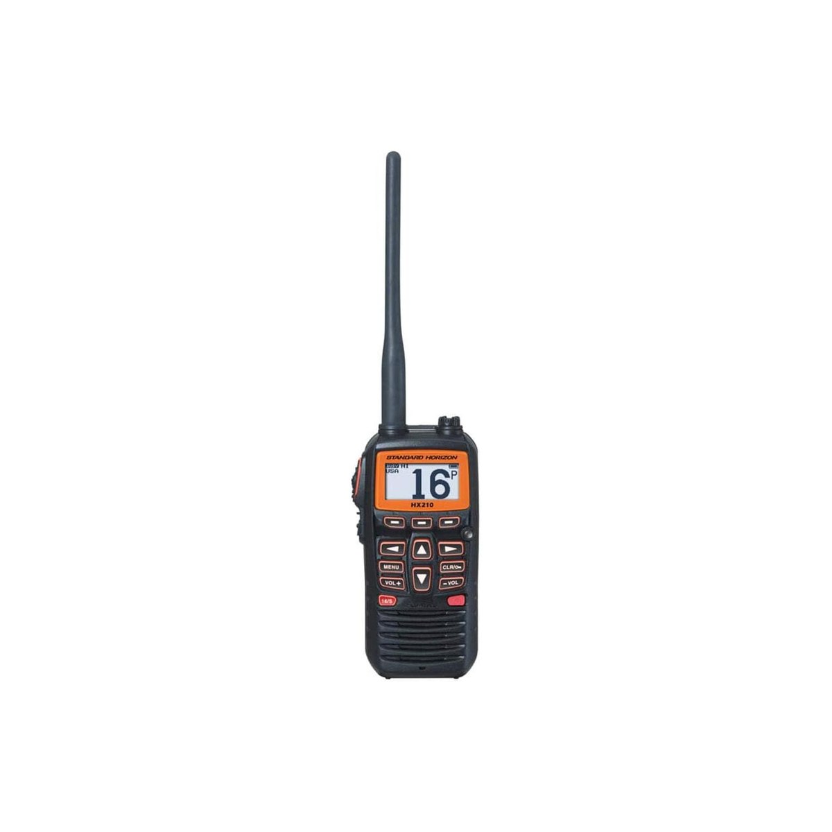 Standard Horizon HX210 (floating 6W handheld marine VHF, water-activated emergency strobe, FM weather alert, IPX7 waterproof to 1 m for 30 minutes, 1,850 mAh lithium-ion battery, no GPS, no DSC, ASIN B07TD9855T)