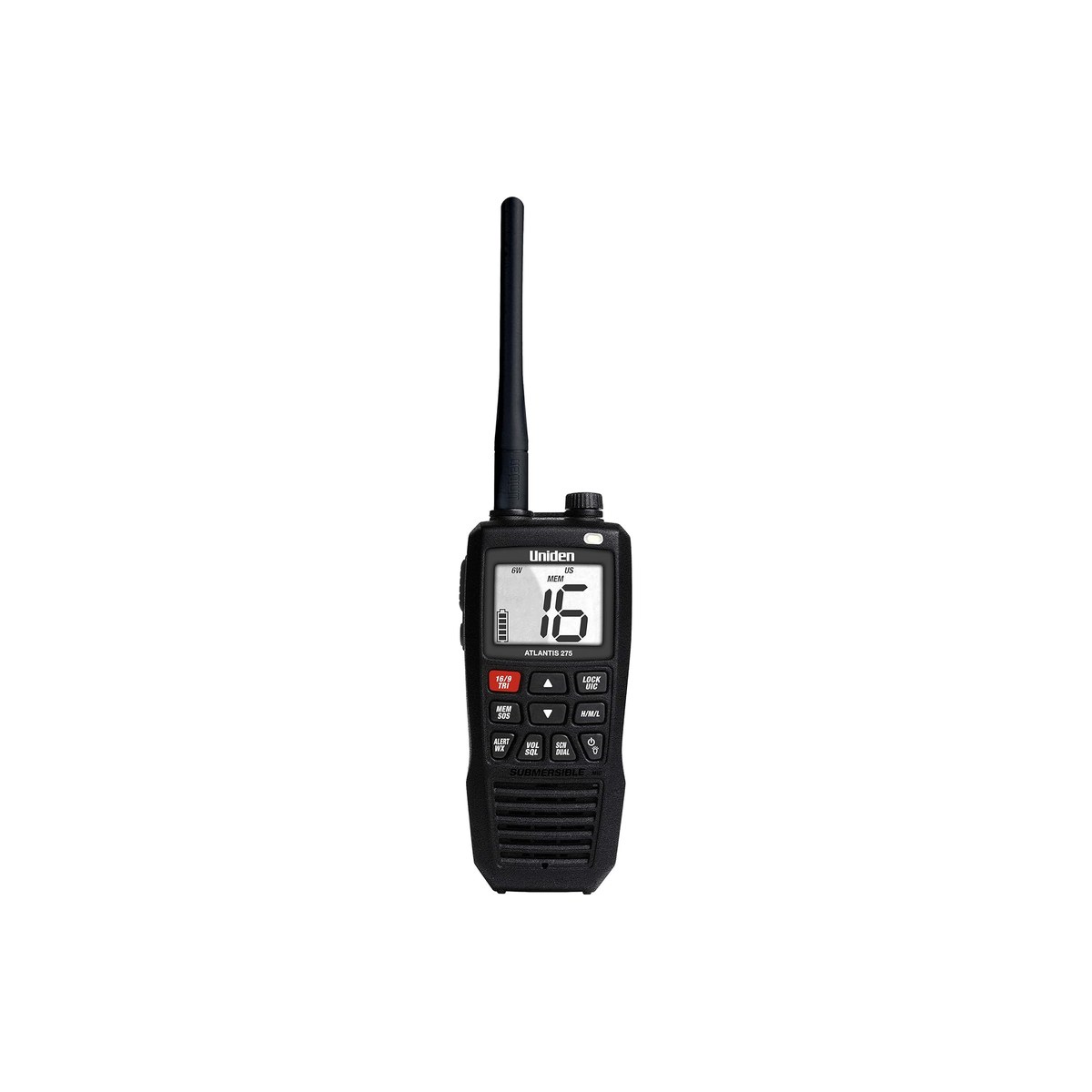 Uniden Atlantis 275 (floating handheld marine VHF, 6W, IPX8 submersible to 1.5 m for 30 minutes, dual-color day and night LCD with the sharpest screen in the budget class, built-in strobe and flashlight, FM weather alert, no GPS, no DSC, ASIN B07N8S3S59)