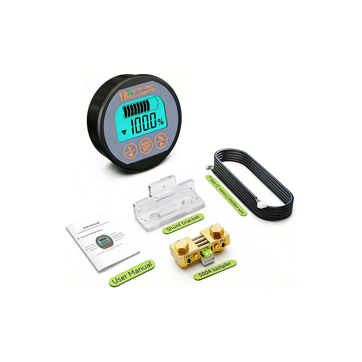 AiLi Battery Monitor with Shunt (8-120V range per current Amazon listing, up to 500A current, state of charge display up to 999Ah, wired panel display via harness not Bluetooth, compatible with LiFePO4 lithium, AGM, gel, and flooded chemistry, three-button programmable interface, 1-year warranty, ASIN B07FGFFHC6)