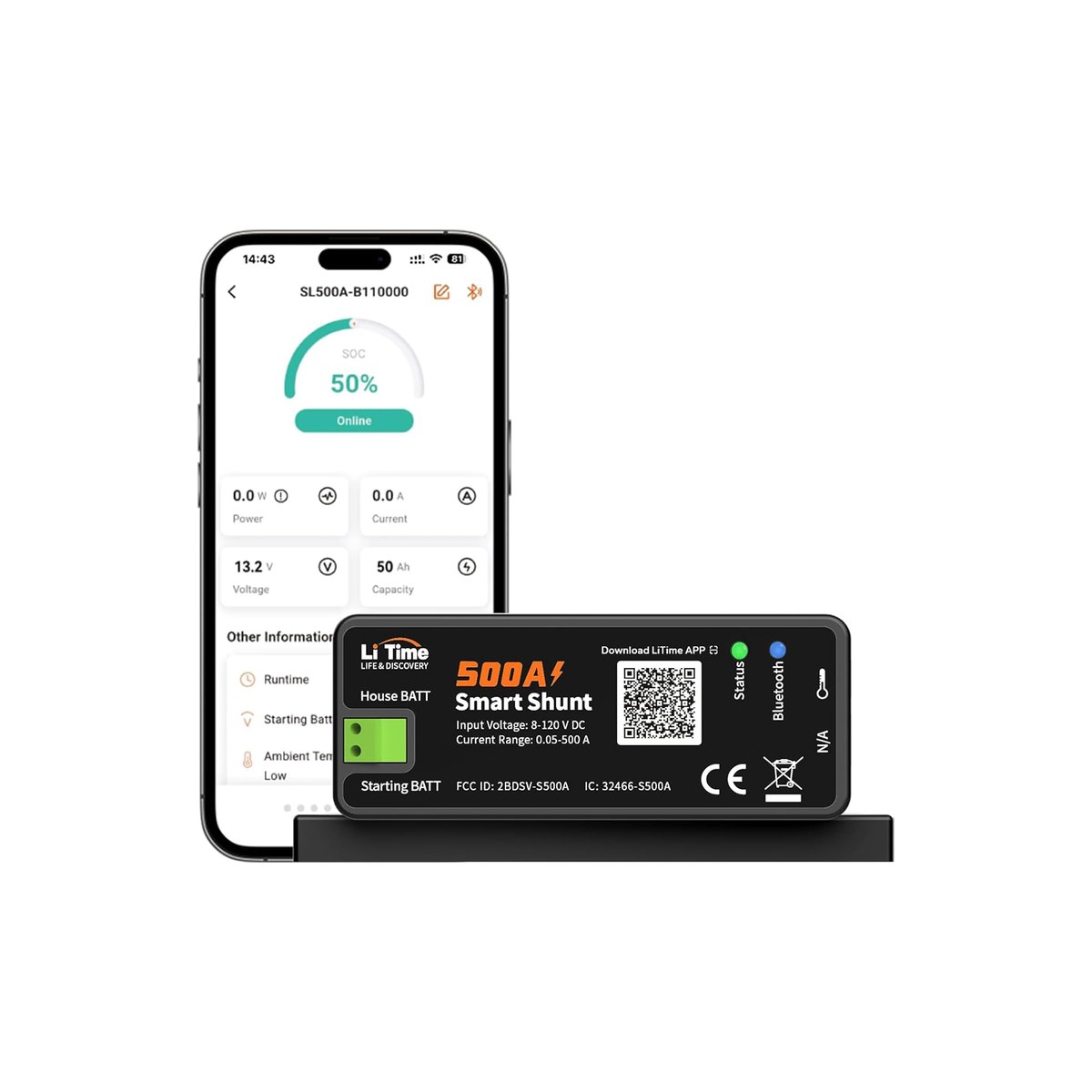 LiTime 500A Smart Shunt Bluetooth Battery Monitor (8-120V range, 500A current, Bluetooth + LiTime app, SoC display, alarm alerts, history records, compatible with lithium / LiFePO4 / AGM / gel, ASIN B0GWCG4Q6P)