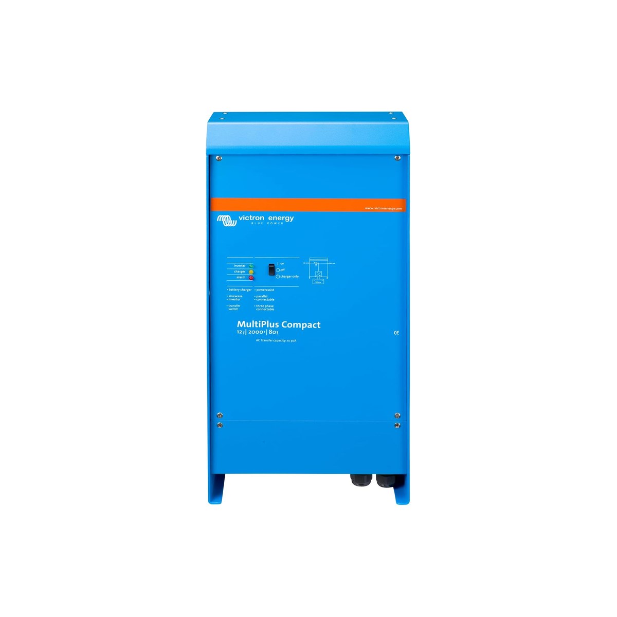 Victron MultiPlus Compact 12/2000/80-50 (1600W continuous at 25°C, 4000W peak surge, 80A 4-stage smart charger including LiFePO4 absorption hold, 50A AC transfer switch, aluminum case, PowerAssist for shore-side current augmentation, 5-year warranty, ASIN B0BZV74HRD)