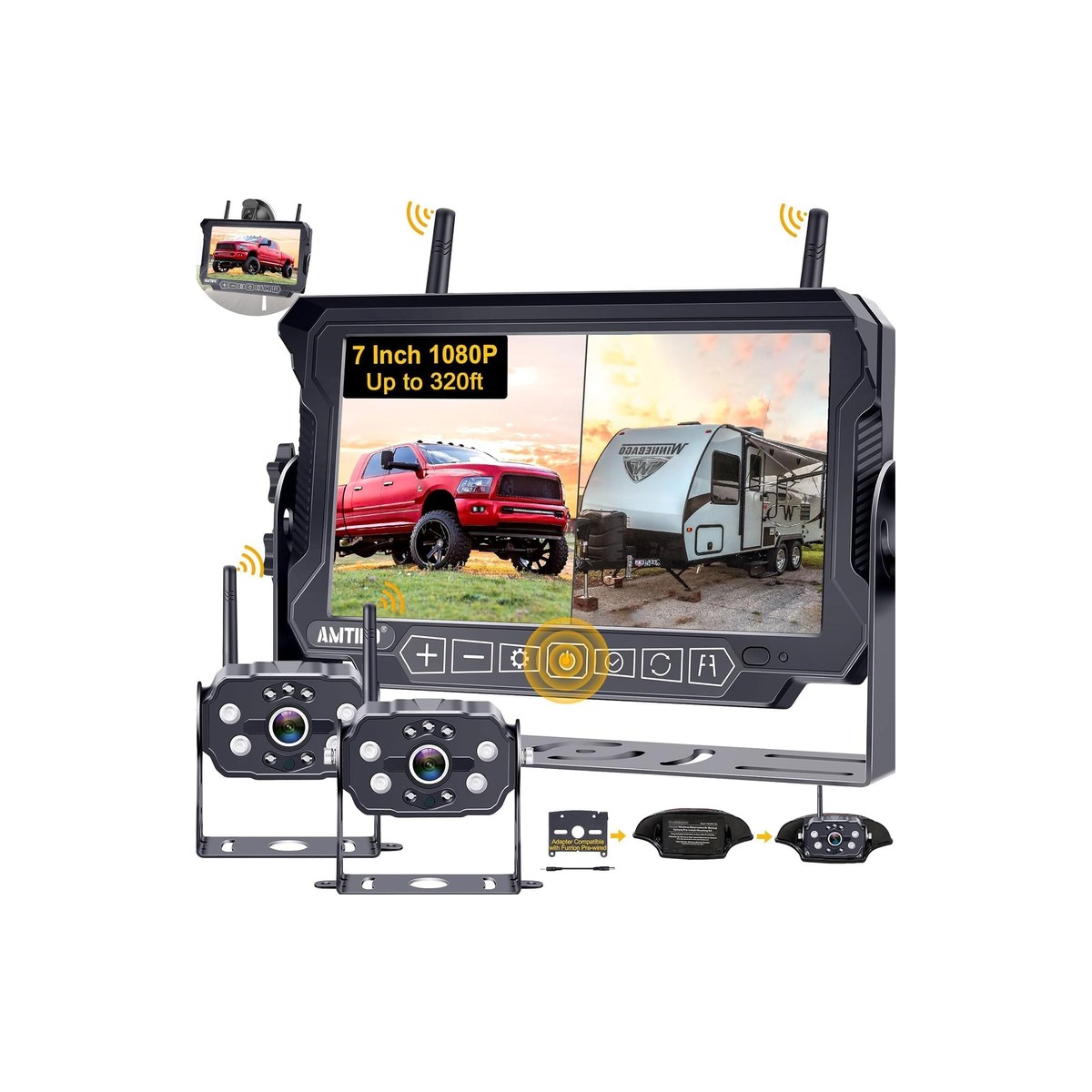 AMTIFO Wireless RV Backup Camera System, 2 HD 1080p Cameras, 7-inch Split-Screen Monitor, Furrion-Compatible, Loop Recording (ASIN B07F8Q4NHY)