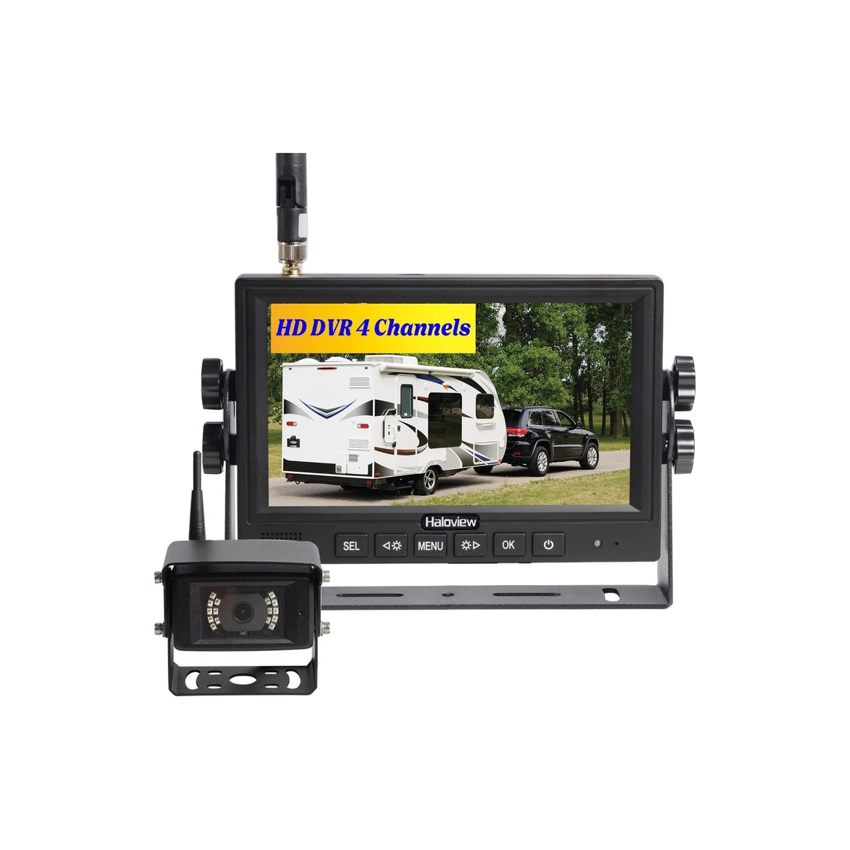 Haloview MC7108 Wireless RV Backup Camera System, 7-inch Monitor, Built-in DVR, IR Night Vision, up to 4 Cameras (ASIN B07GKXPKRS)