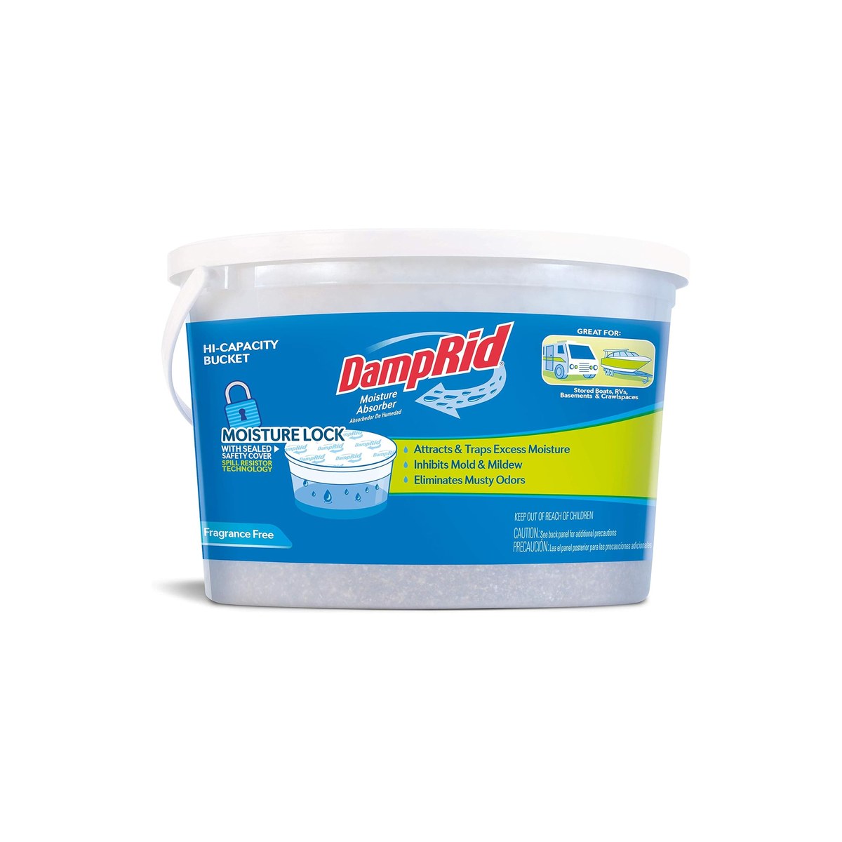 DampRid Hi-Capacity Moisture Absorber Bucket, 4 lb capacity (disposable calcium-chloride absorber, up to 1,000 sq ft, no power, lasts up to 6 months, ASIN B0029EGUNG)