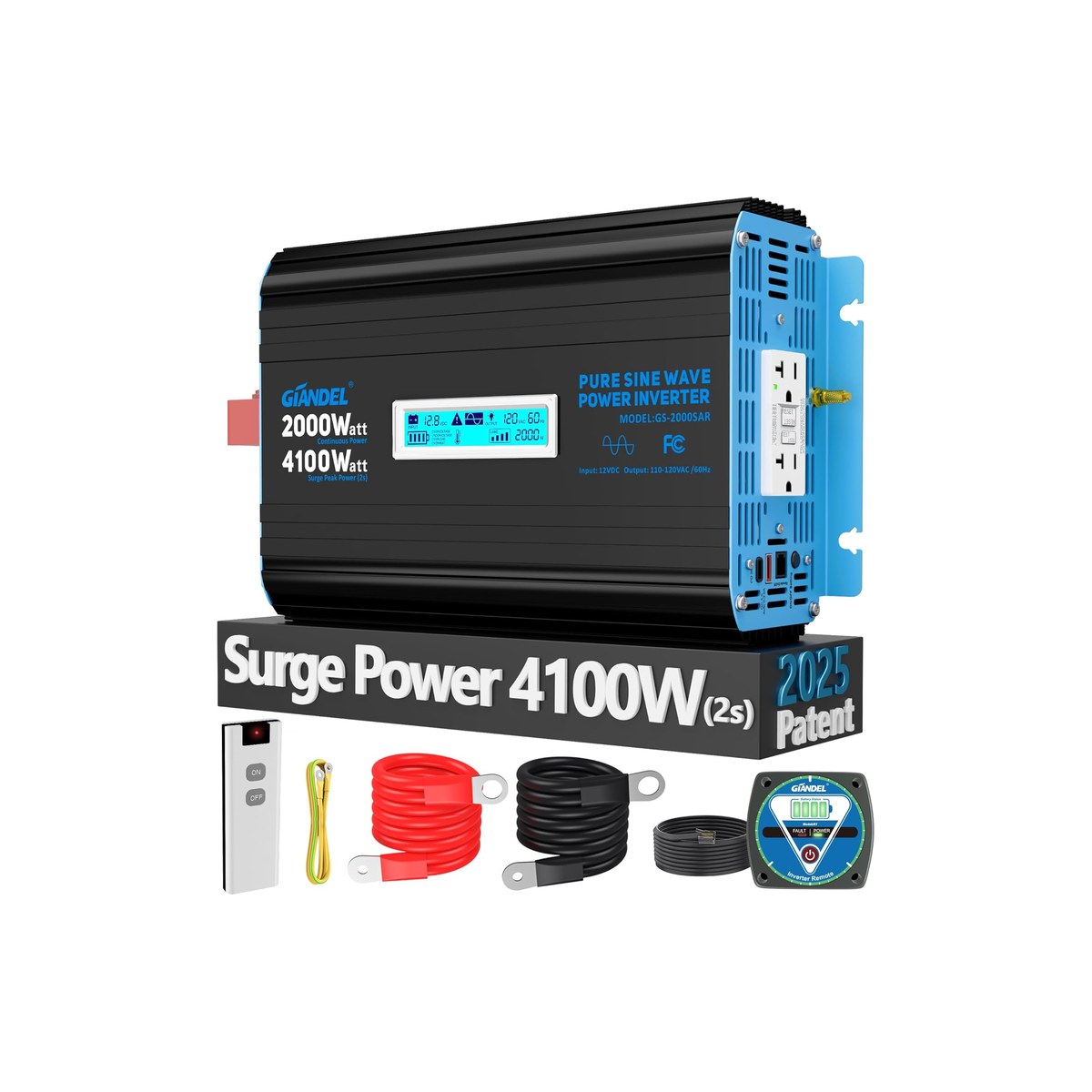 Giandel 2000W Pure Sine Wave Power Inverter, 12V DC to 120V AC, GFCI Outlets, USB-C, 15-ft Remote with Battery Monitor, 4100W Surge for 2 Seconds (ASIN B0DPLWKS7L)