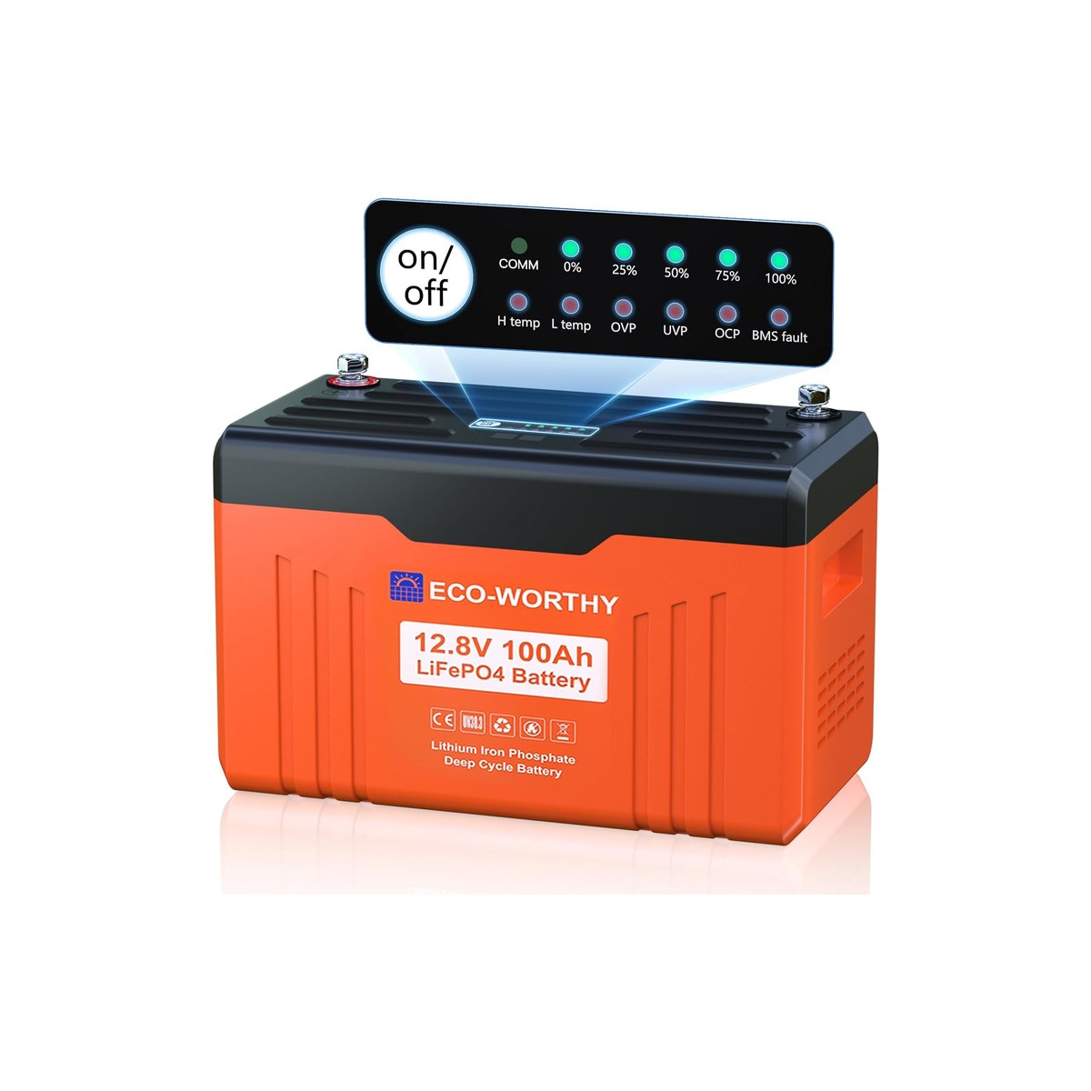 ECO-WORTHY 12V 100Ah LiFePO4 Battery, Upgrade 2.0 (built-in Bluetooth and SOC display, 100A BMS with low-temp protection, RV / camping / solar / trolling motor, ASIN B0DTP7K2FJ)