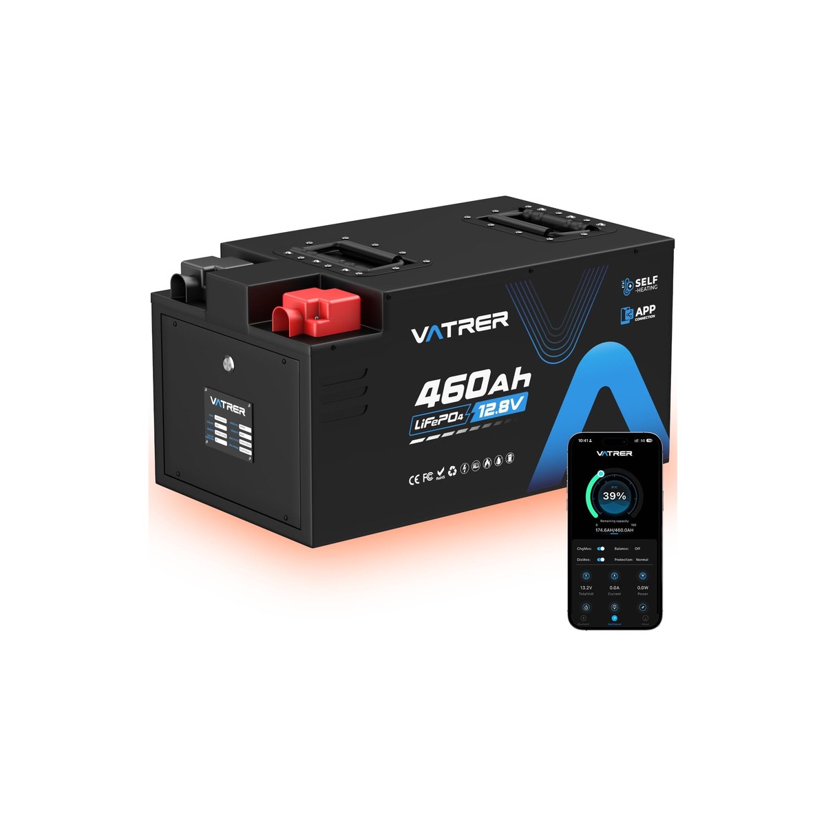 Vatrer Power 12.8V 460Ah Self-Heating LiFePO4 RV Battery (app monitoring, built-in 300A BMS, active self-heating for sub-freezing charging, ASIN B0DW3PJ634)