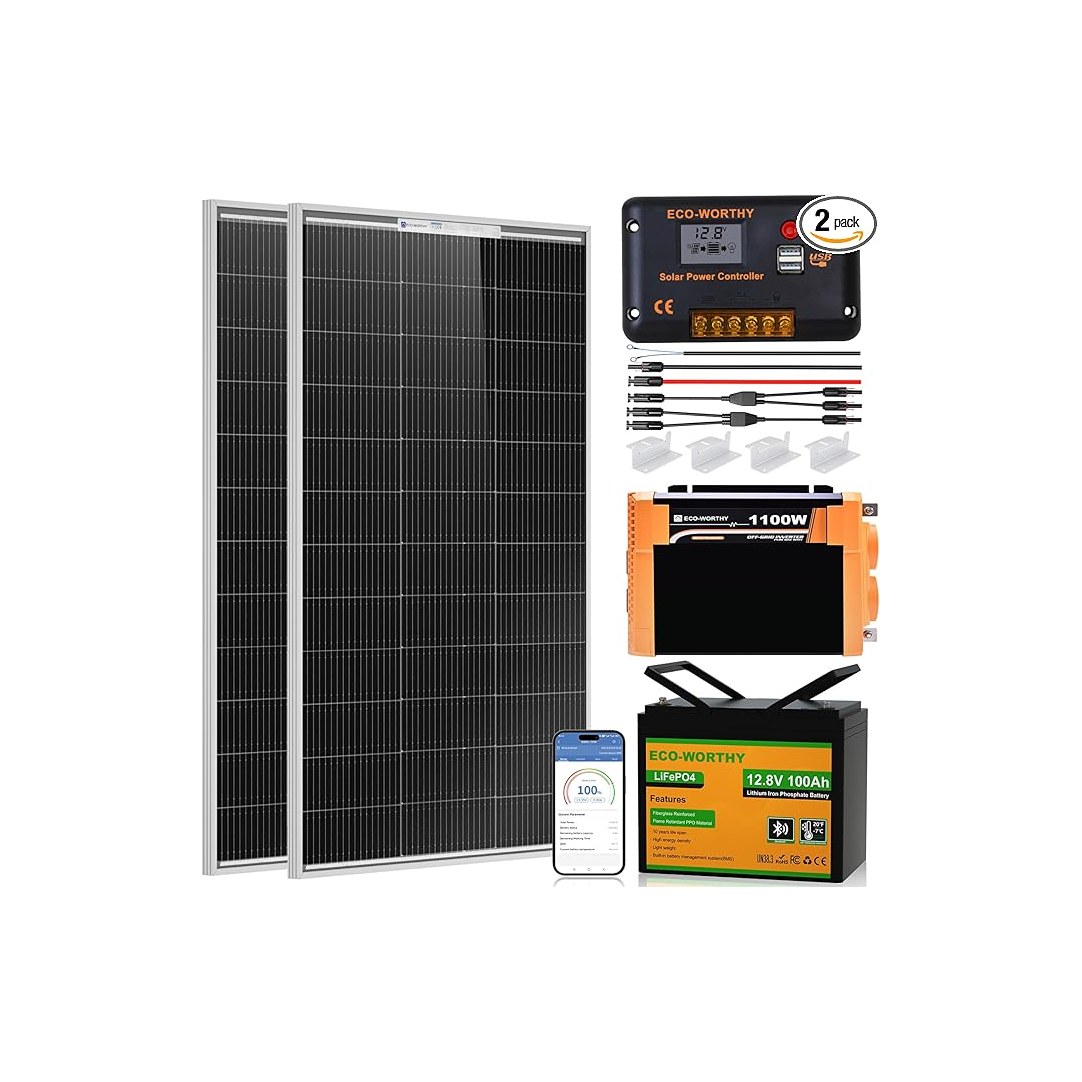 ECO-WORTHY 200W Complete RV Solar Panel Kit with Battery and Inverter (2x 100W panels, 40A MPPT controller, 100Ah LiFePO4 battery, 1,100W pure-sine inverter, Bluetooth, ASIN B0FWRK8JN6)
