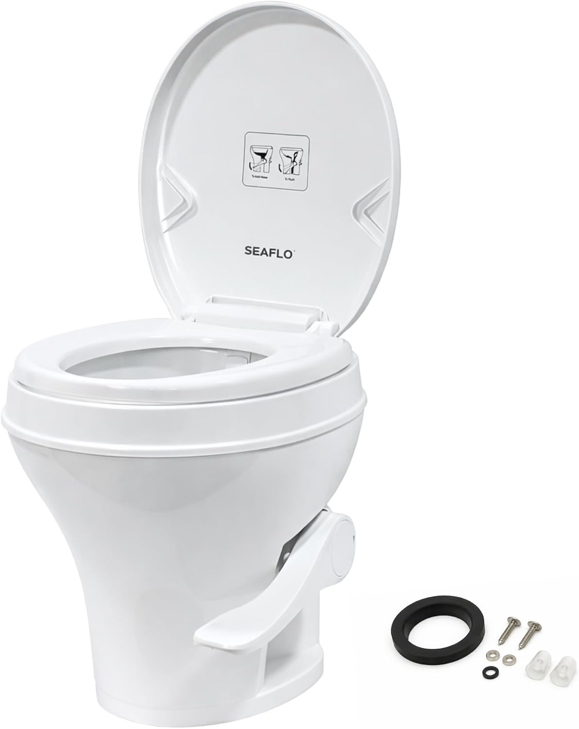 SEAFLO RV Toilet, 18.4 Inch Residential Height, Gravity Flush Foot Pedal (ASIN B0C8BFFGFW)
