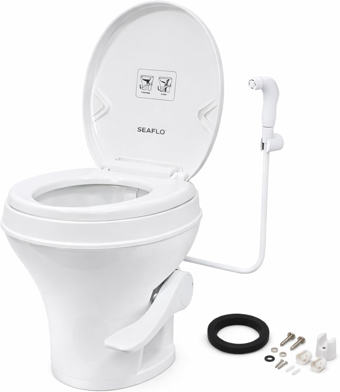 SEAFLO RV Toilet with Sprayer Attachment, 18.4 Inch Residential Height (ASIN B0CJYH5L5W)