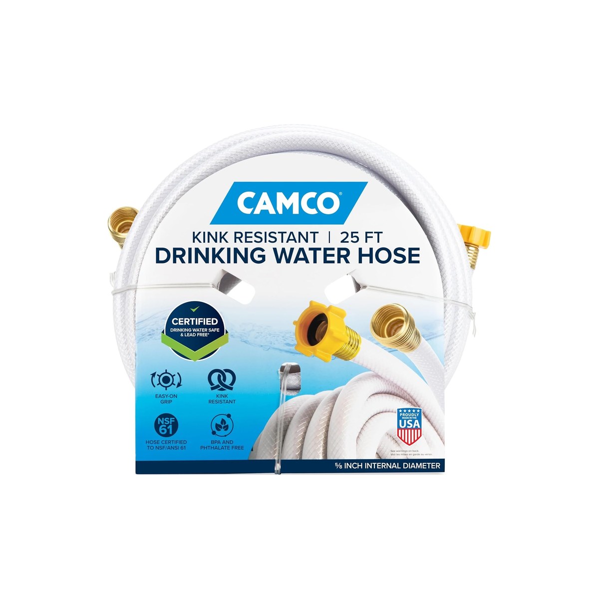 Camco TastePURE 25-Ft RV Drinking Water Hose, No Lead, No BPA, No Phthalate, Diamond-Hatch Reinforced PVC, 5/8-Inch Inside Diameter, Made in USA (ASIN B004ME11FS)