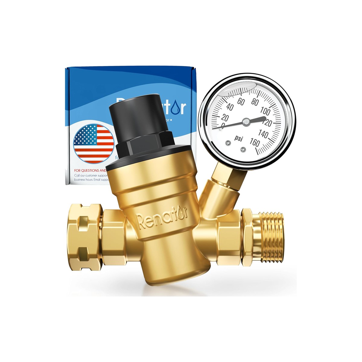 Renator M11-0660R RV Water Pressure Regulator, Brass, Adjustable with Oil-Filled Gauge and Inlet Screen, Factory-Set 45 PSI (ASIN B01N7JZTYX)