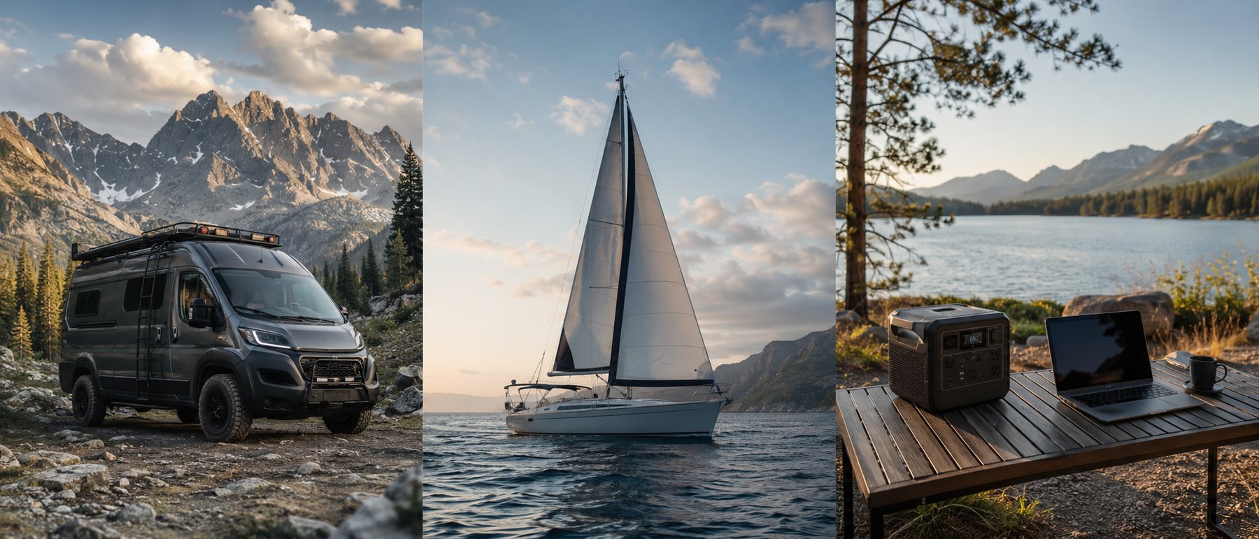Three worlds Sorted Gear covers: vanlife on the road, sailing at sea, and the portable work setup that travels with you